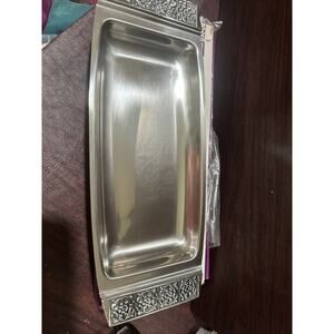 Rectangular aluminum serving bread tray floral embossed handles silver metal